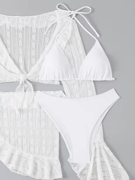 Maille Bikini quatre pièces ensemble pour femmes Lingerie Sexy à lacets Transparent hanche paquet jupe tenues 2025 été Chic dame plage ensemble