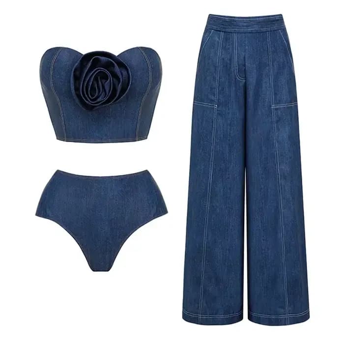 Maillot de bain une pièce en denim pour femmes, ensemble sexy, imprimé de fleurs en 3D, bikini solide, vêtements de plage, 2025