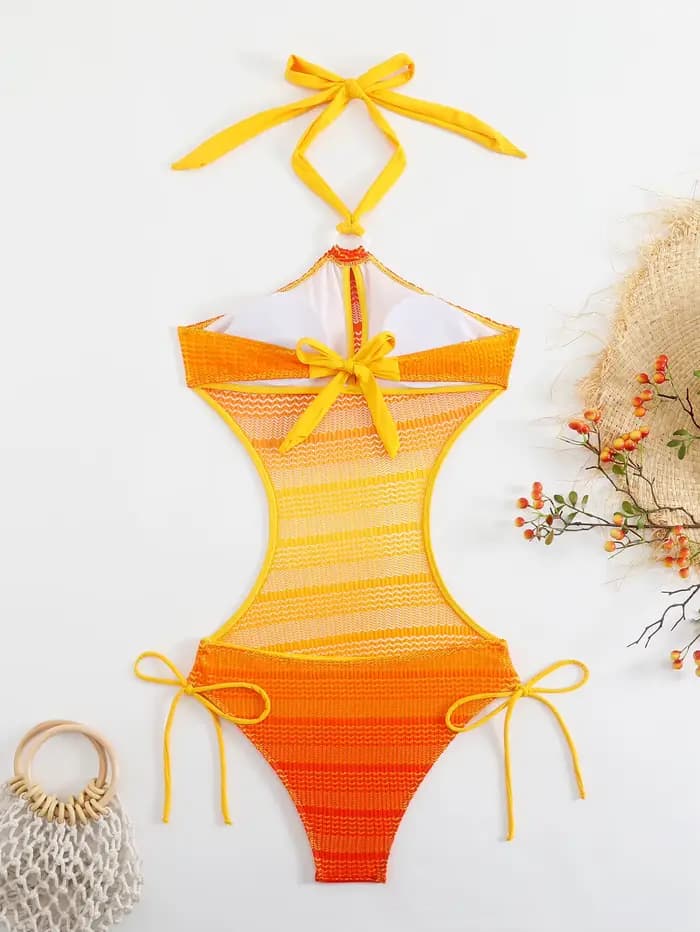 Sexy Orange dégradé maillot de bain femmes évider dos nu dentelle une pièce maillots