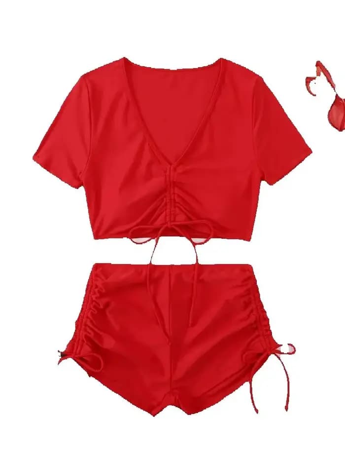 Maillot de Bain Sexy à Manches Courtes et Col en V
