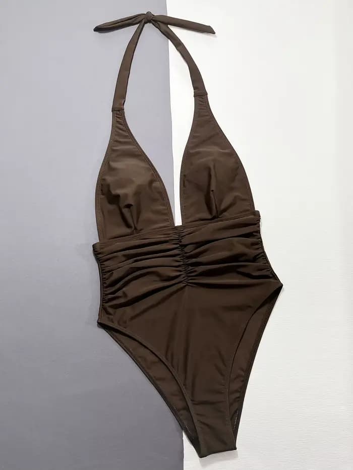Maillot de bain une pièce marron uni pour femmes, Bikini noir à col en v profond, Monokini de plage d'été dos nu à bretelles, nouveaux maillots de bain 2025