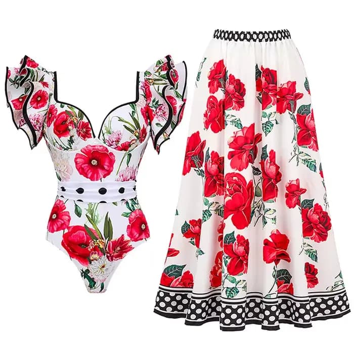 Maillot de bain une pièce vintage à volants imprimé floral rouge et jupe assortie