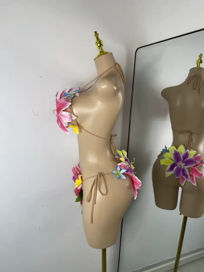 Femmes Sexy Tropical à la main fleur à la mode Bikini deux pièces Transparent Floral maillot de bain tenue de plage danseur Performance Costume