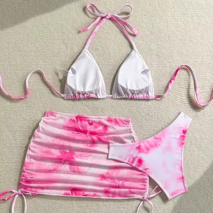 Sexy 3 pièces ensemble Bikini femmes imprimé maillot de bain fendu sangle de cou
