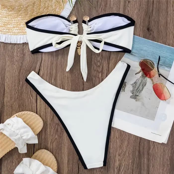 Blanc Bandeau Bikinis ensembles femme Sexy maillot de bain contraste couleur métal boucle maillots de bain coupe haute maillot de bain brésilien Bikini Mujer