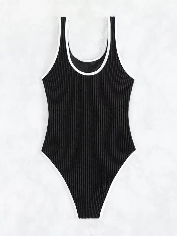 Maillot de bain une pièce côtelé texturé à bretelles larges et bordure contrastante, décolleté en U, coupe haute, pour femme, été, plage