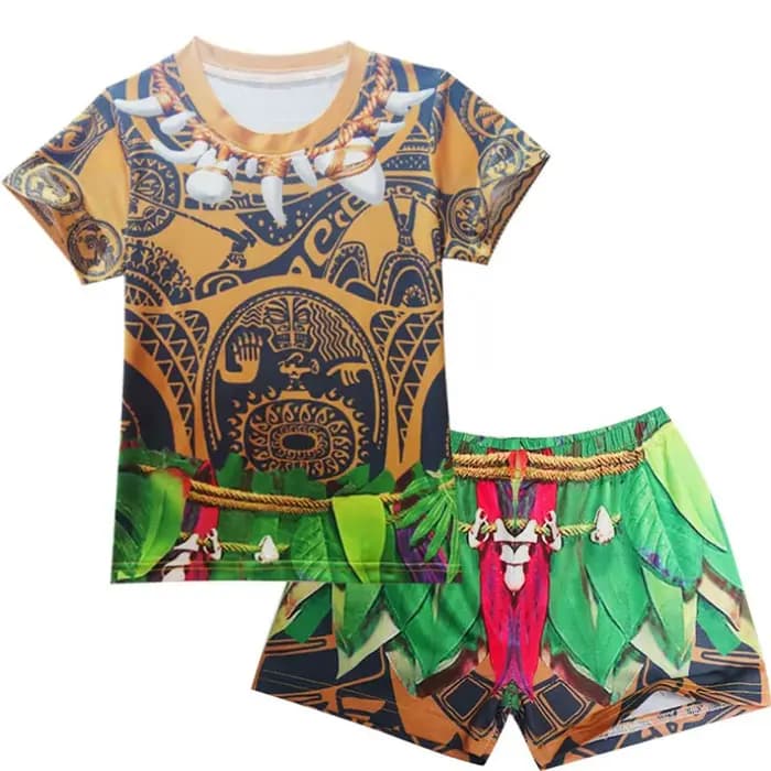 Maillot de bain pour enfants à manches courtes, costume de cosplay Moana Maui, chemise, short, pantalon, bonnet de bain, maillot de bain pour enfants