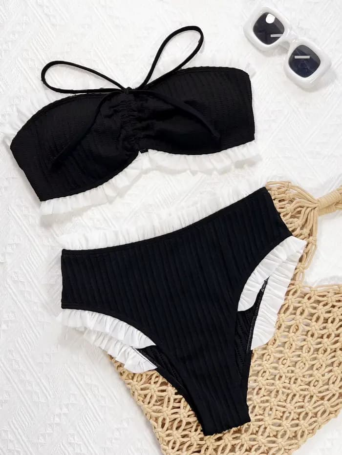 Volant froissé Bandeau Bikini ensemble blanc noir contraste couleur femmes maillots de bain femme maillot