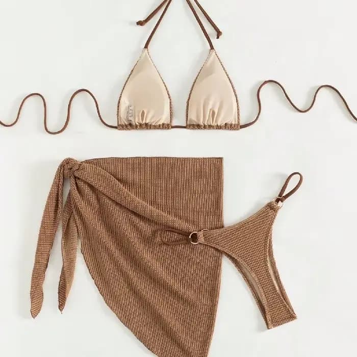 Sexy marron Bikini ensemble 2025 femmes licou Push Up soutien-gorge jupe 3 pièces maillot de bain été