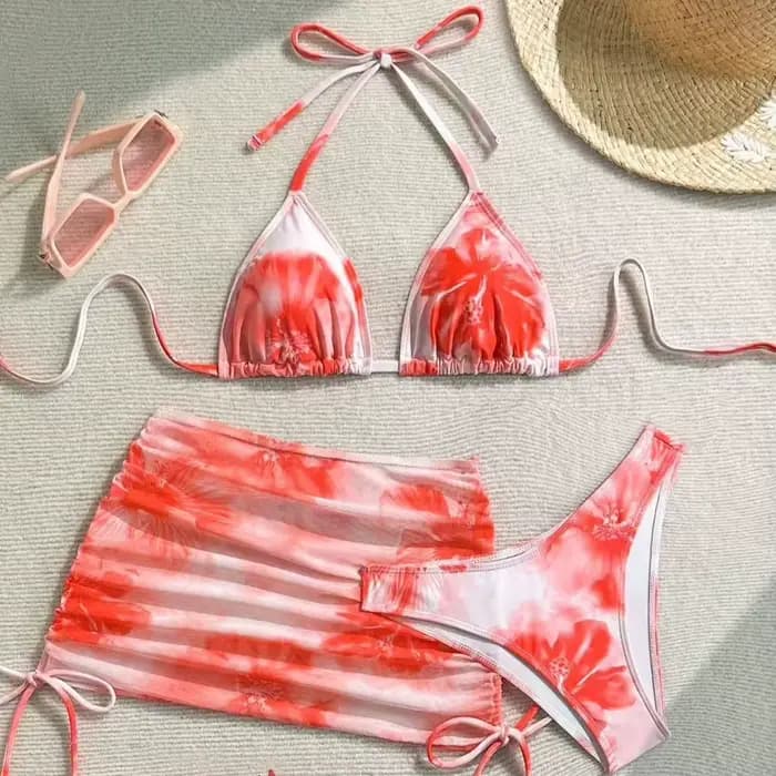 Sexy 3 pièces ensemble Bikini femmes imprimé maillot de bain fendu sangle de cou