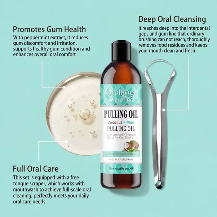 Huile de bain de bouche Coco Menthe pour l'huile pulling, haleine fraîche, éclaircissant, sans alcool, gratte-langue, nettoyage en profondeur, soin des gencives 100ml
