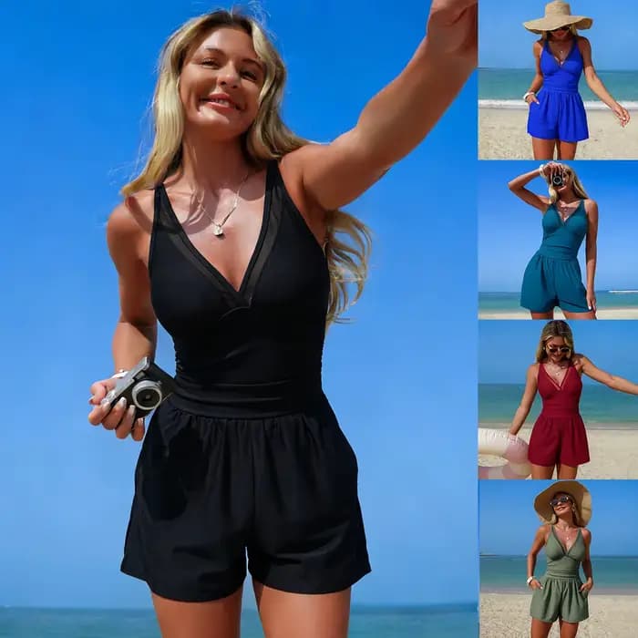 Combinaison de bain une pièce pour femme 2026, couleur unie avec poches, col en V sexy, sans manches, tenue de sport conservatrice pour femme