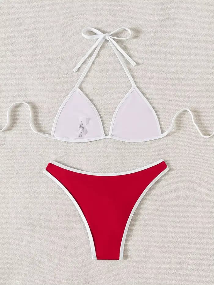 Femmes maillot de bain rouge Sexy Bikini deux pièces maillots de bain féminin Bikinis ensemble solide maillots de bain femme Trikini licou livraison directe