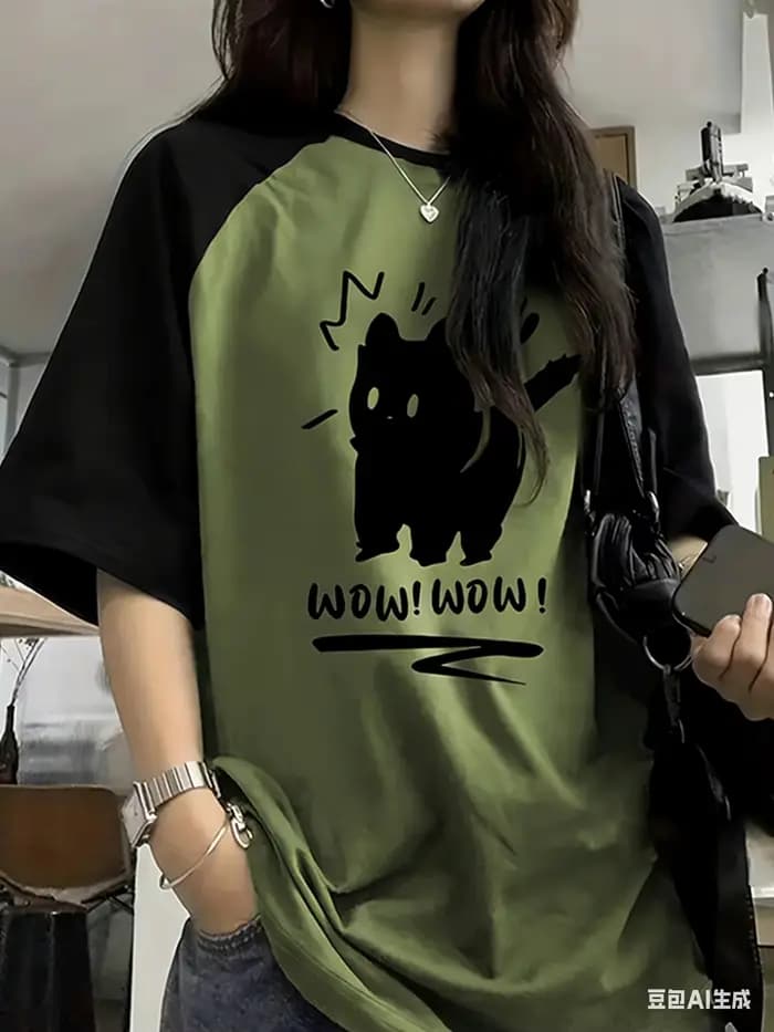 T-shirt de mode imprimé chat amusant, patchwork, manches courtes, style Harajuku, maillot de sport de football, hauts amples tendance, assortis pour la famille