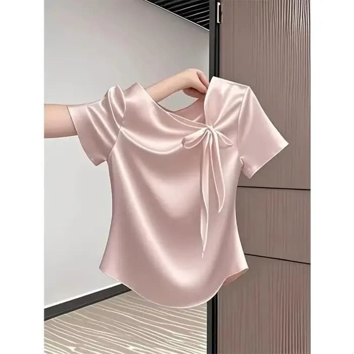 T-shirt à manches courtes avec nœud, design rose polyvalent, mode été 2026