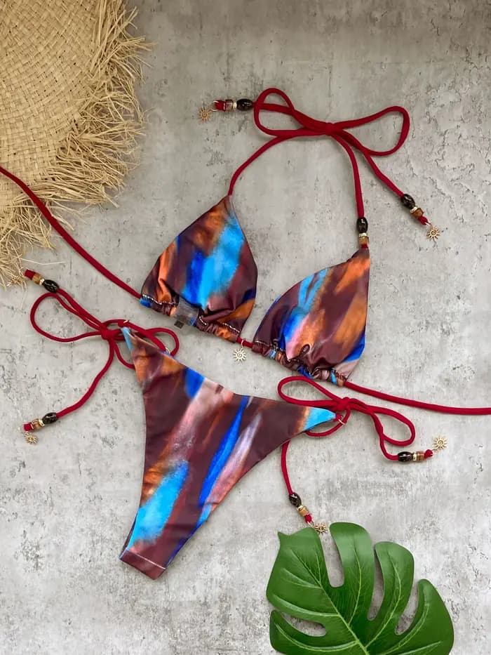 Maillot de bain bikini sexy pour femme, orné de perles, à lacets, taille basse, tendance, vêtements de plage