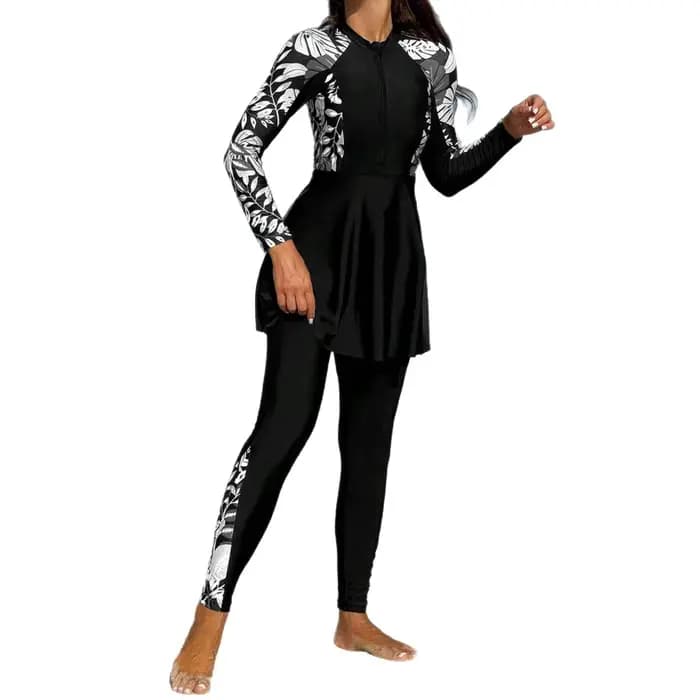 Burkini Femme Maillot de Bain Manches Longues Tunique Noire Legging Complet Fermeture Éclair Avant Protection Solaire Deux Pièces