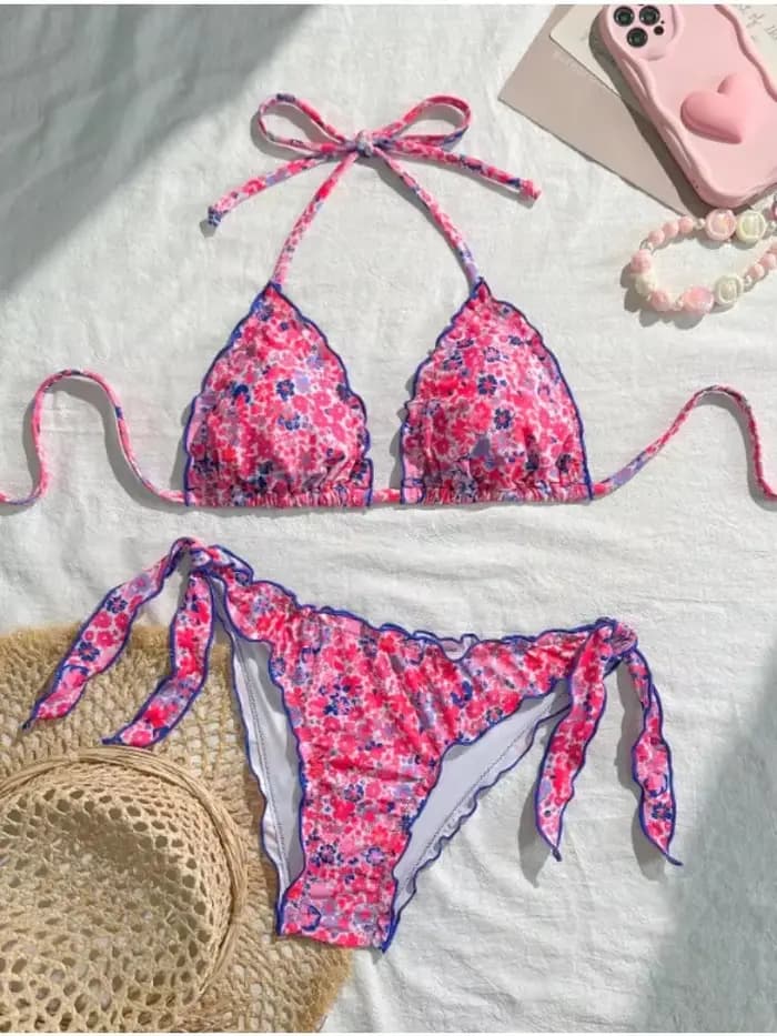 Femmes mignon Bikini ensemble 2025 nouvel été Orange imprimé fleuri licou volants Push Up cravate côté string maillot de bain maillot de bain