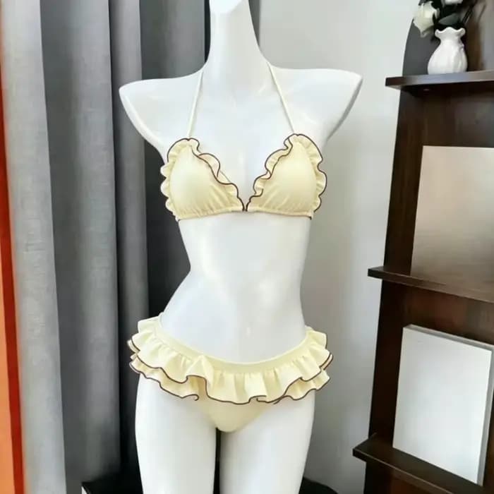 Ensemble de bikini imprimé à col halter pour femme, maillot de bain deux pièces à volants, style japonais Kawaii, pour les vacances d'été à la plage