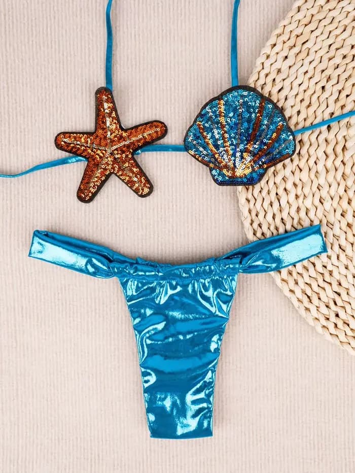 Maillot de bain à paillettes brillantes pour femmes, ensemble deux pièces, coquillage, étoile de mer, sexy, push-up, plissé, culotte tanga, brésilien, pour la plage, micro, 2025