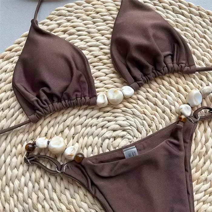 Maillots de bain vert uni Sexy licou Triangle perle String Bikini Mini Micro