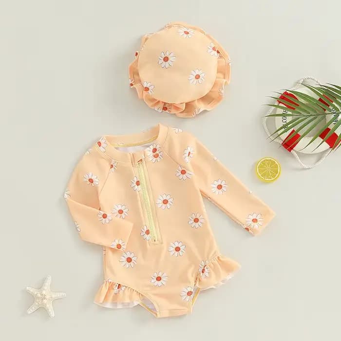 Maillot de bain avec chapeau pour bébé fille, combinaison à manches longues, imprimé fleuri, fermeture éclair, tenue de bain d'été, 0-3M