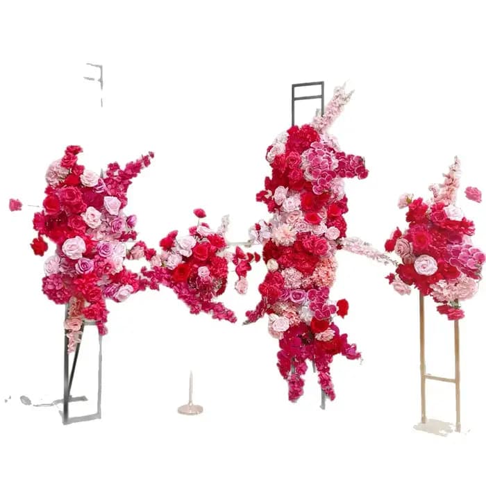 Arche de toile de fond de mariage en panneau KT, décoration florale suspendue, arrangement de roses rose vif et de delphiniums, accessoires pour événements