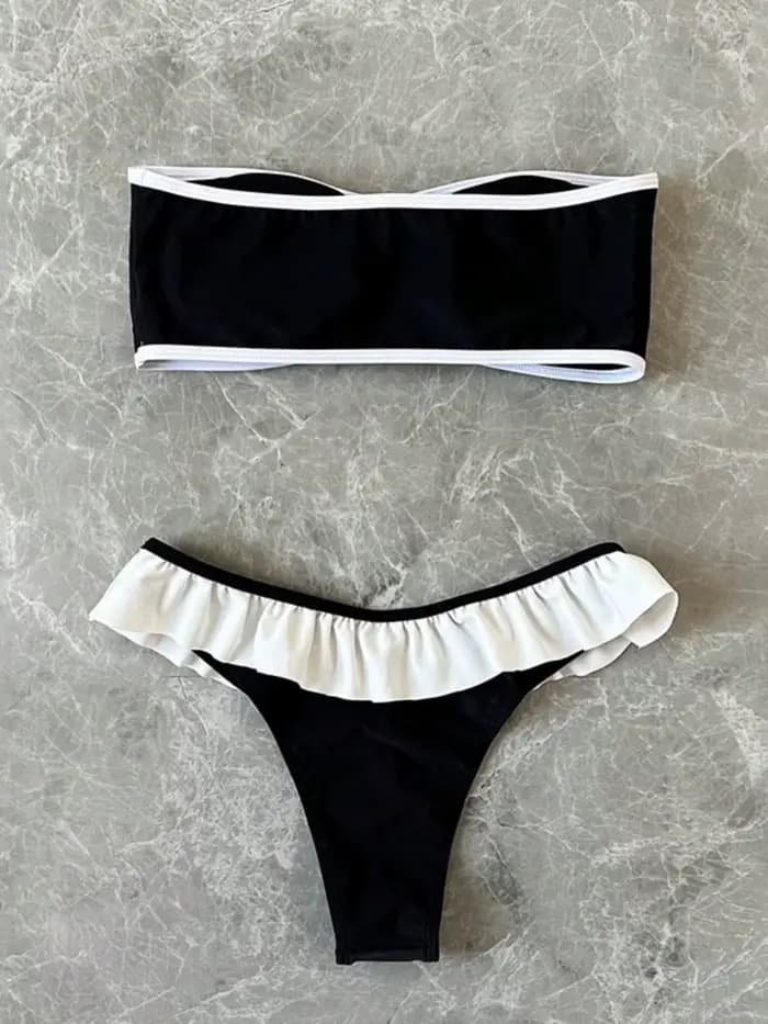 Maillot de bain femme sans bretelles, ensemble 2 pièces, couleur unie, patchwork, push-up, à volants, string, pour la plage et les sources chaudes, nouvelle collection 2026