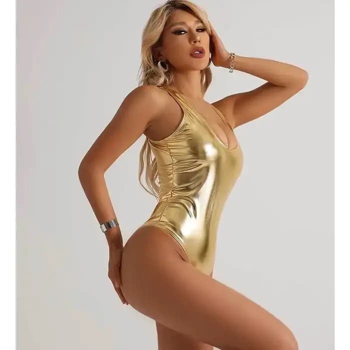 Maillot de bain une pièce sexy en cuir doré 2026 pour femme, brillant, rembourré, pour la plage, maillot de bain d'été amincissant avec contrôle du ventre, monokini