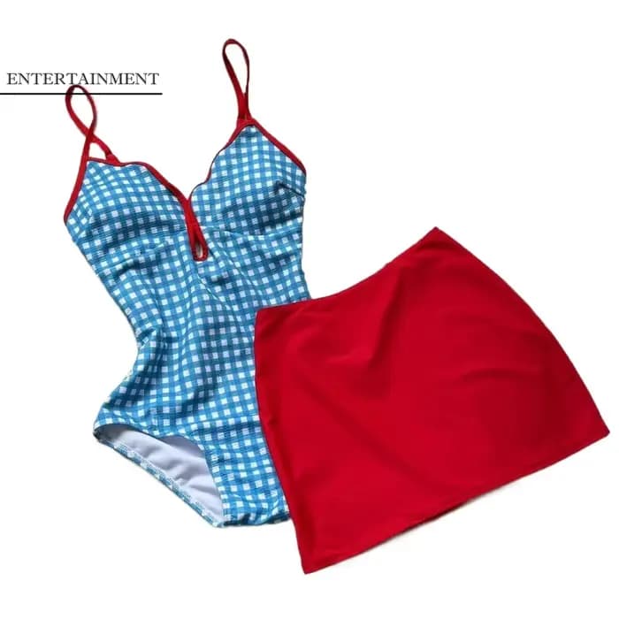 Maillot de bain amincissant à carreaux avec jupe à bords festonnés et dos nu