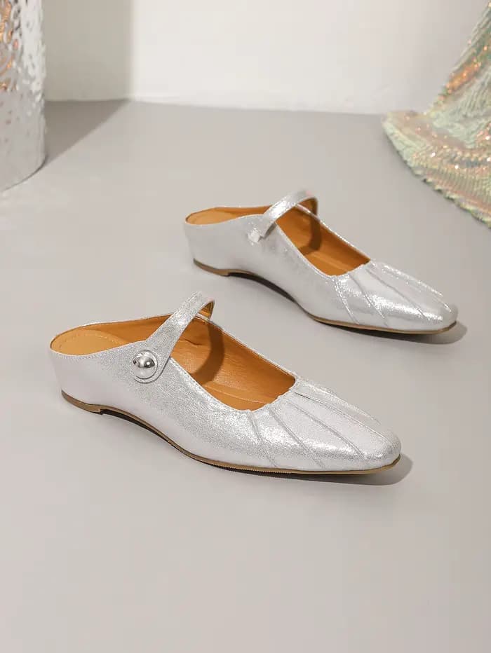 Mules pour femmes à bout carré plissé brillant, design sans talon, talon compensé dissimulé de 3,5 cm, style Mary Jane, à enfiler, polyvalentes pour le travail et les soirées, semelle souple, respiran
