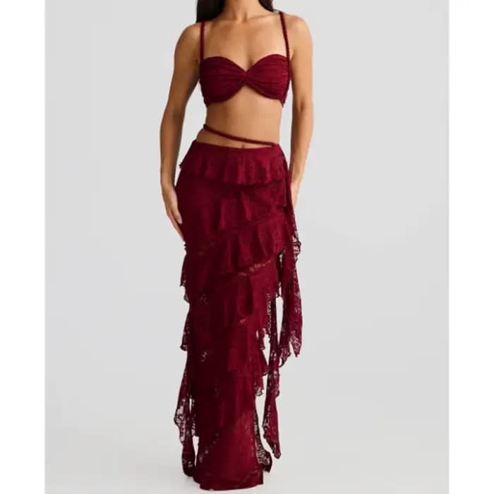 Ensemble bikini en dentelle pour femme, maillot de bain sexy uni, micro bikini à volants irréguliers, jupe longue de plage, nouvelle collection 2026, tenue de plage 3 pièces