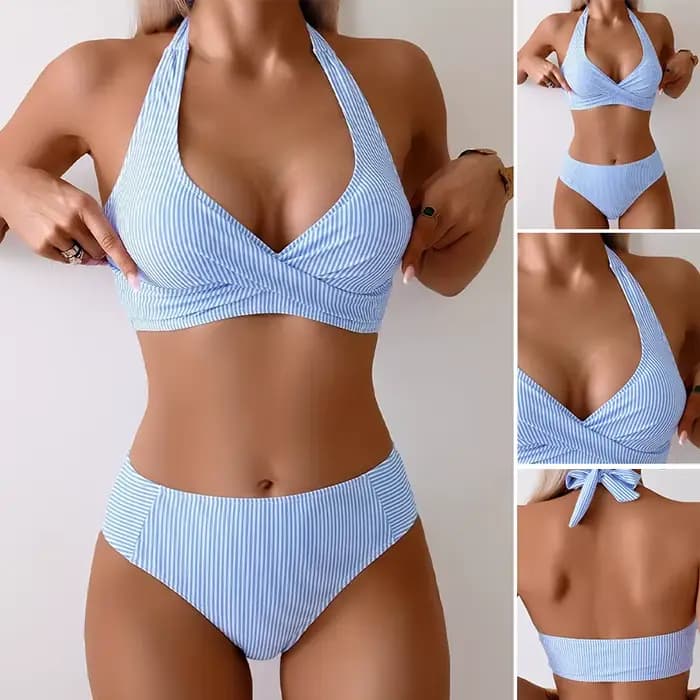 Haut de bikini rayé sexy pour femme avec bretelles à nouer, maillot de bain tendance en polyester pour adultes