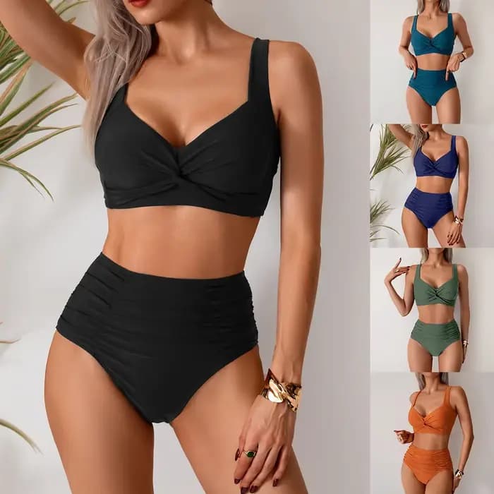 Sexy noir deux pièces maillot de bain femmes solide Push Up rembourré Bikini ensemble maillots