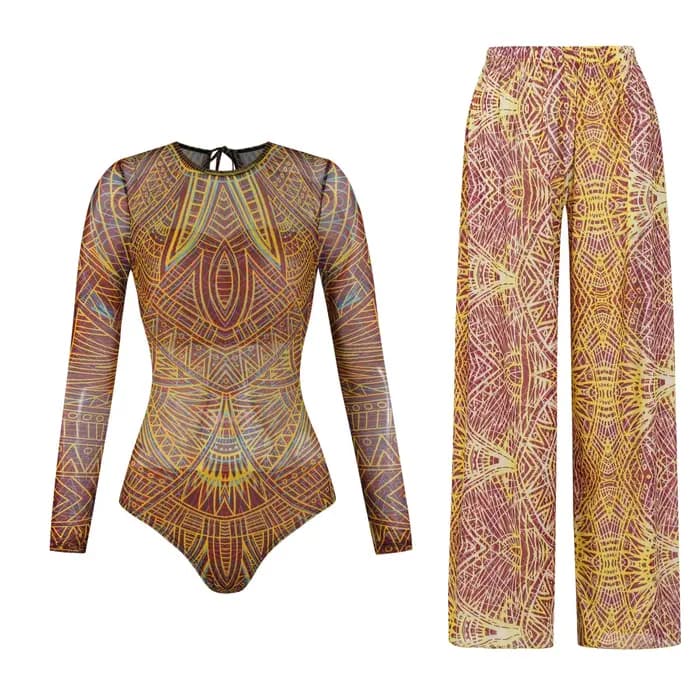 Maillot de bain une pièce imprimé coloré pour femme, maillot de bain à manches longues, style rétro, ensemble body et pantalon, tenue de plage féminine