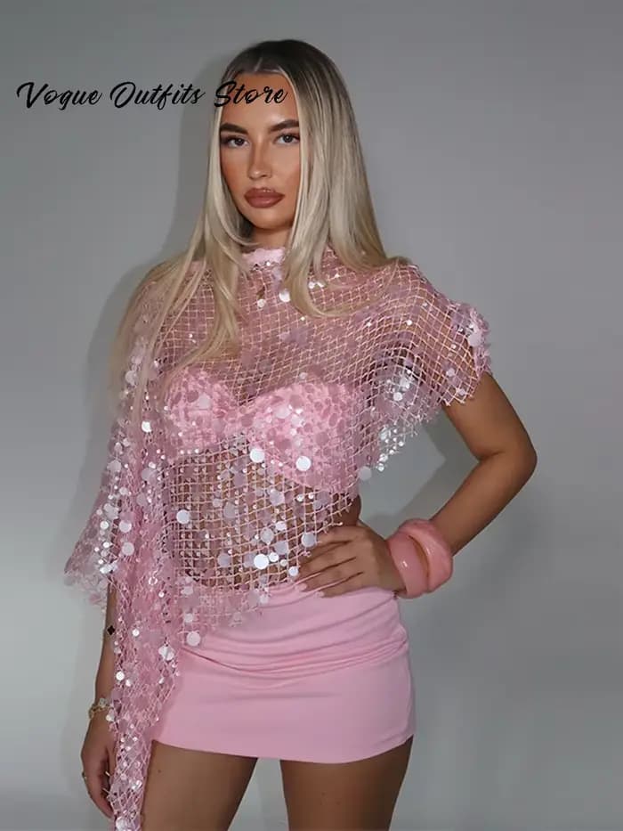 Ensemble 3 pièces Y2K à sequins : Cache-maillot