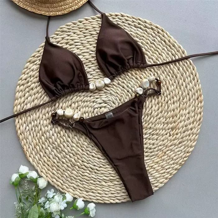 Maillots de bain vert uni Sexy licou Triangle perle String Bikini Mini Micro