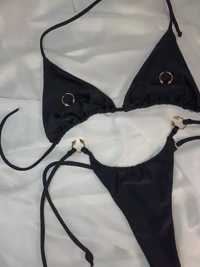 Sexy noir Bikini 2026 femmes métal cercle ornement Push Up cravate côté string maillot de bain brésilien plage