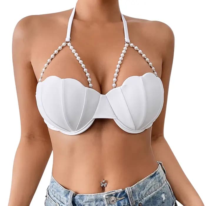 Hauts de bikini à perles pour femmes, col licou, paillettes, coquille, maillot de bain, style plage, vêtements de station