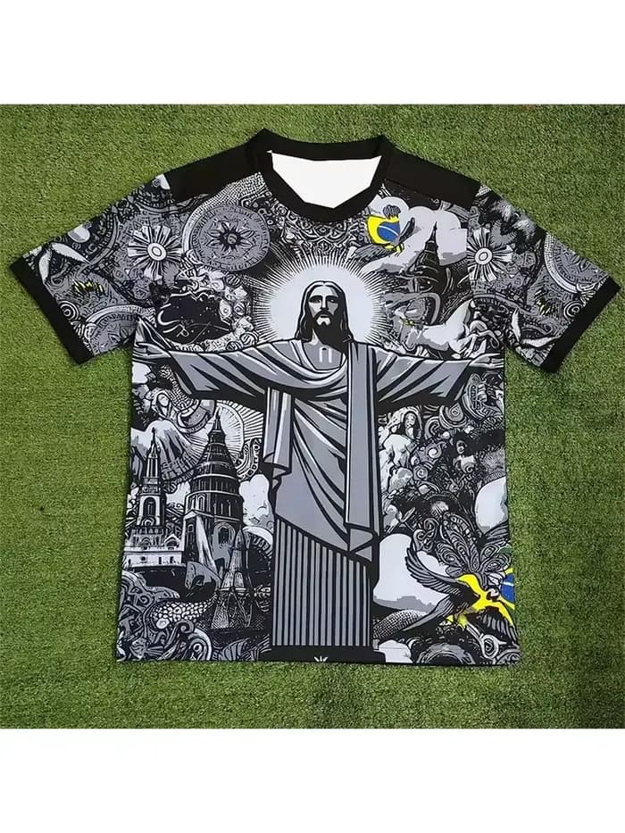 T-shirt de football édition spéciale Brésil 2026 Jesus noir/gris pour adulte/enfant – T-shirt d'entraînement de football d'été – Vêtements de sport et streetwear