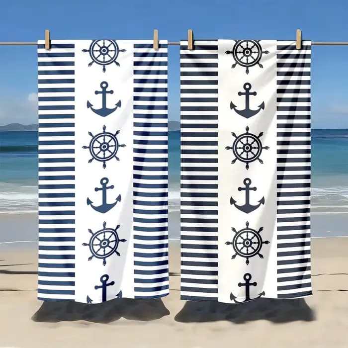 2 serviettes de plage à séchage rapide, motif ancre nautique et roue de bateau, serviettes de bain surdimensionnées sur le thème côtier pour les vacances d'été