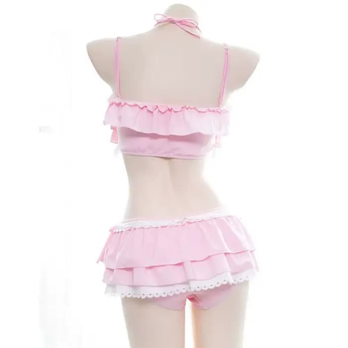 Mignon filles Lolita à volants Bikini Sukumizu Cosplay couleur rose et noir maillot de bain évidé multicouche ourlet Biquini femmes maillots de bain