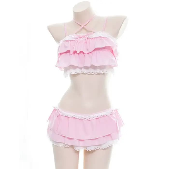 Mignon filles Lolita à volants Bikini Sukumizu Cosplay couleur rose et noir maillot de bain évidé multicouche ourlet Biquini femmes maillots de bain
