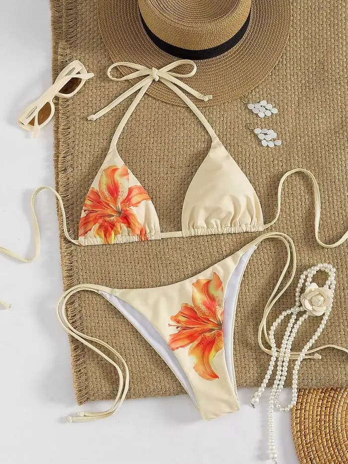 Ensemble de micro-bikinis sexy à imprimé floral, deux pièces, dos noué, string, maillots de bain, tenue de plage, biquini, tankini