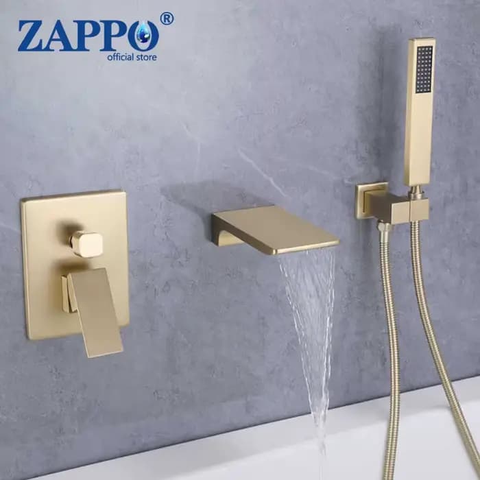 ZAPPO – ensemble de baignoire-douche en or brossé, mitigeur cascade, système de douche mural en laiton massif avec pomme de douche à main
