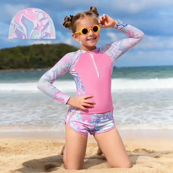 Maillot de bain deux pièces pour jeunes filles, ensemble imprimé à la mode, manches longues, fermeture éclair, protection solaire, séchage rapide, maillot de bain pour adolescents