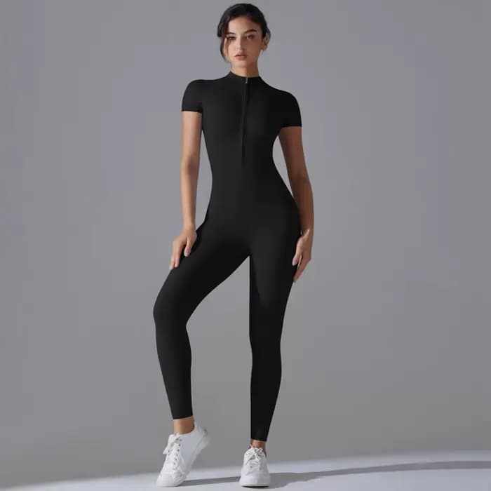 Combinaisons de Yoga à manches courtes pour femmes, coupe cintrée, extensible, une pièce, barboteuse Sexy, Fitness, vêtements de sport de base, fermeture éclair noire pour dames