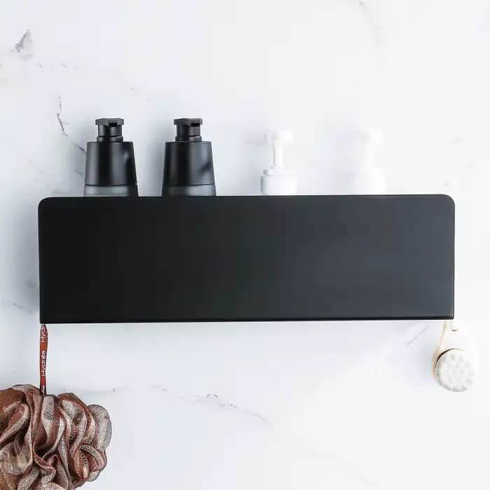 Étagère de rangement de salle de bain noire avec crochets, étagères de décoration de cuisine en aluminium sur le mur, support de rangement de douche, support mural