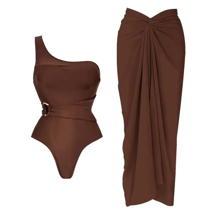 2 pièces une épaule maillot de bain avec jupe longue femmes Sexy Bikinis femme Bandeau Biquini ceinture maillots de bain bouton maillot de bain maillots de bain