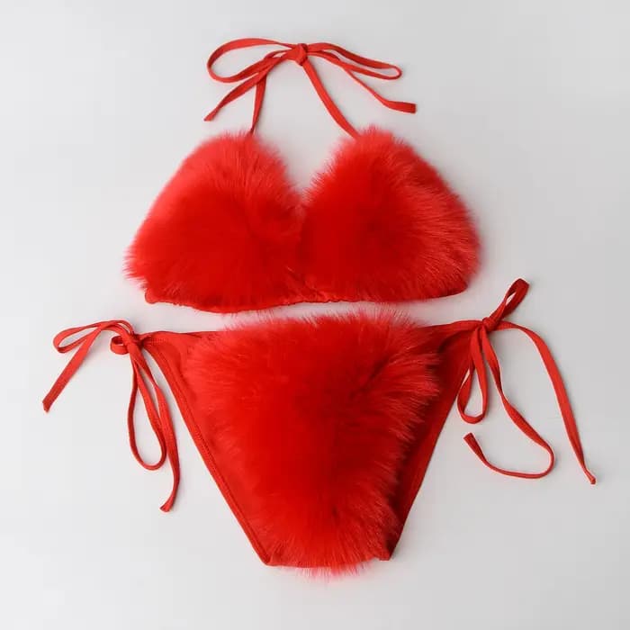 Été femmes fausse fourrure de renard Sexy licou couleur unie Bikini ensemble maillots de bain Triangle